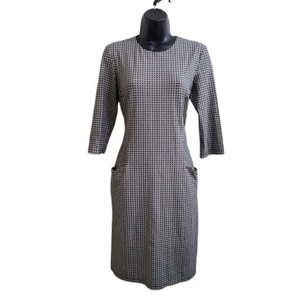 J. McLaughlin Catalina Dress Black White Geometric 3/4 Sleeve Stretch Pockets- S